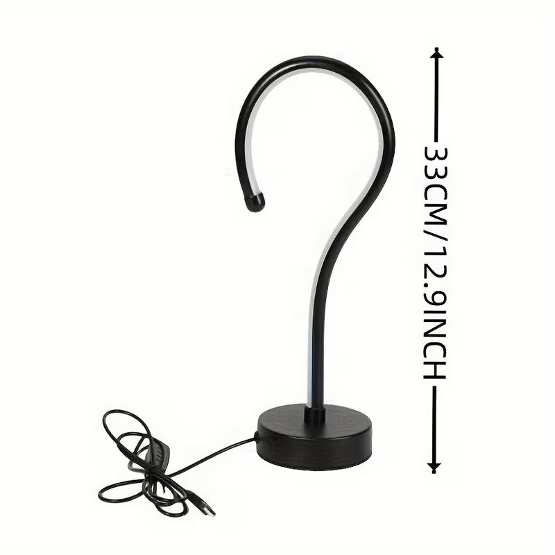 Black metal hook with measurements on a white background