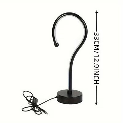 Black metal hook with measurements on a white background